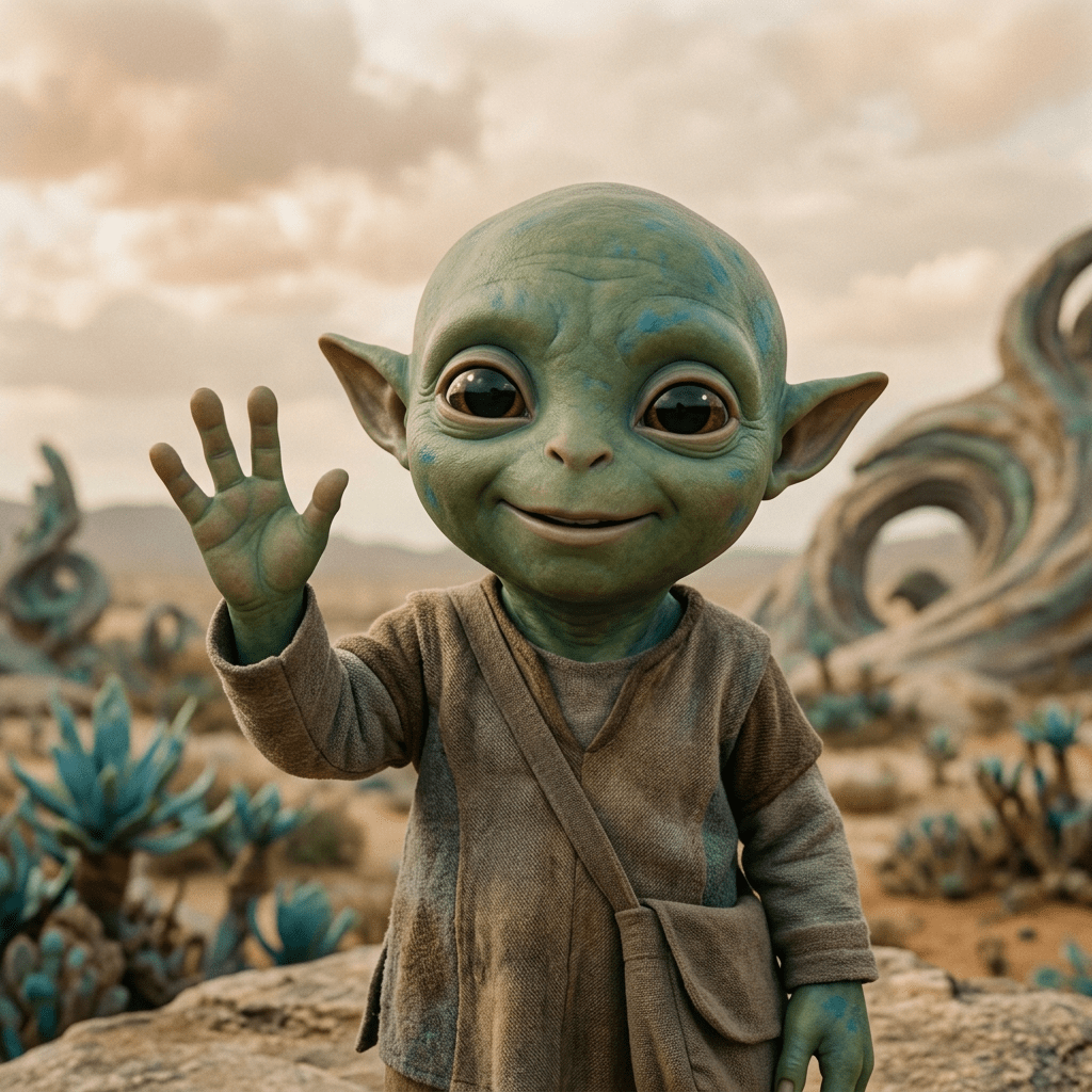 Small green alien with large eyes waving hand in a desert environment with blue and tan plants