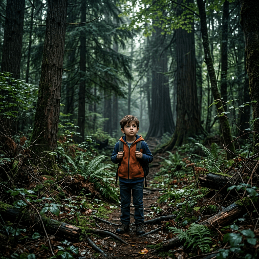 Young boy standing on forest trail with backpack surrounded by tall trees and ferns