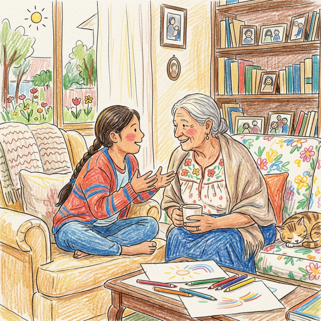 Young girl engaging in conversation with her grandmother in a living room with colorful drawings on the table