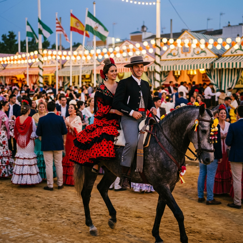 Couple in traditional Spanish dress riding a decorated horse at an Andalusian festival