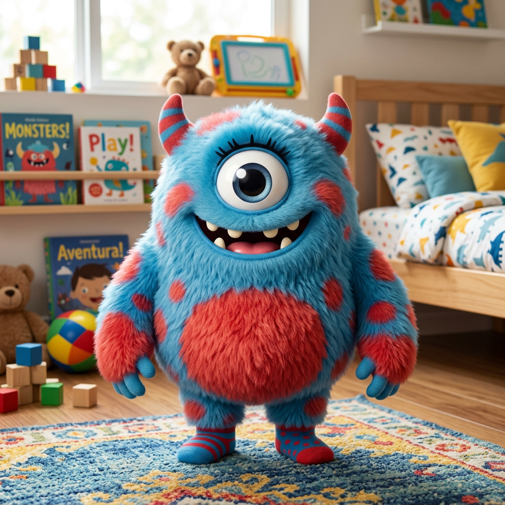 Furry blue monster with one large eye and red spots in a child's bedroom
