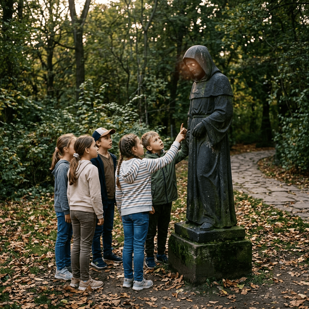 Five children standing around a hooded stone statue with glowing red eyes in a wooded park