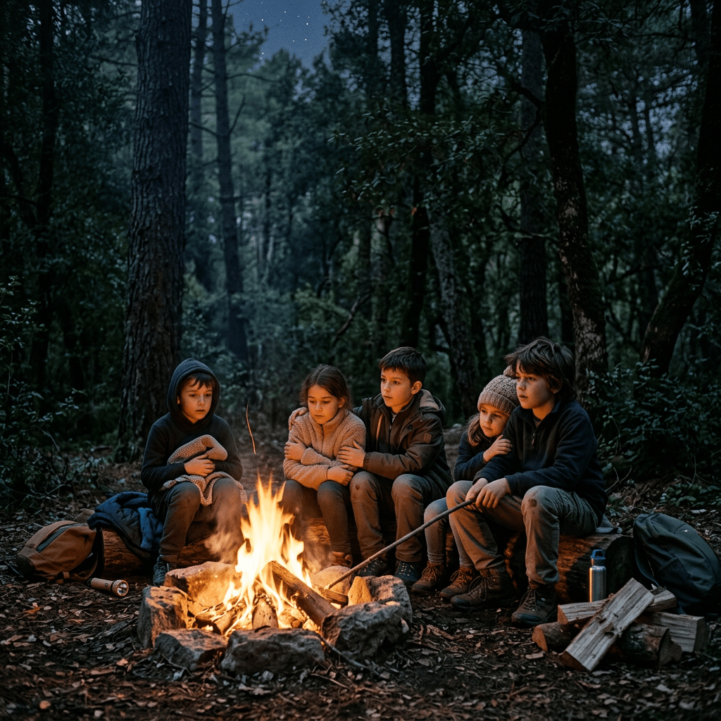 Five children seated around a campfire in a forest at dusk, wearing warm clothing.