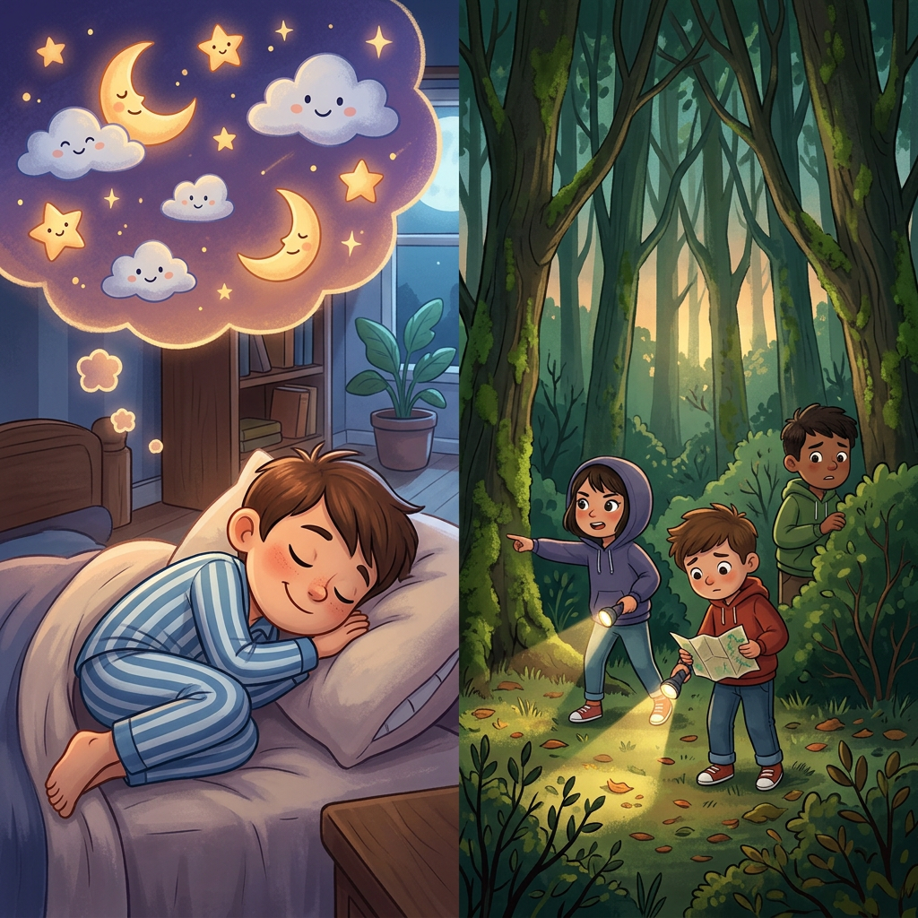 Left: child sleeping with dream bubbles of moons, stars, and clouds; right: three children in a forest using flashlights and a map at sunset.