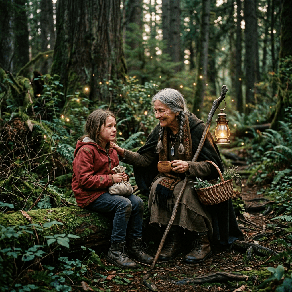 An elderly woman sitting on a log next to a young girl, holding a lantern and a basket in a forest
