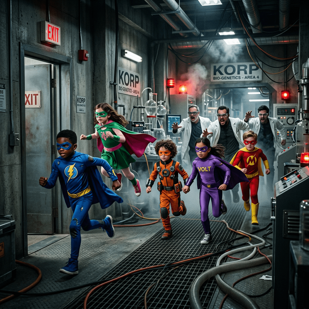 Children superheroes escaping evil laboratory scientists