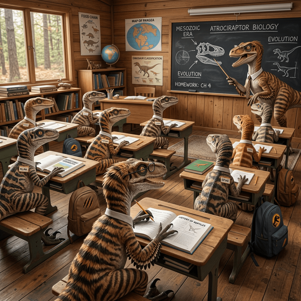 Velocirator teacher instructing velociraptor students about Atrociraptor biology on a chalkboard in a classroom