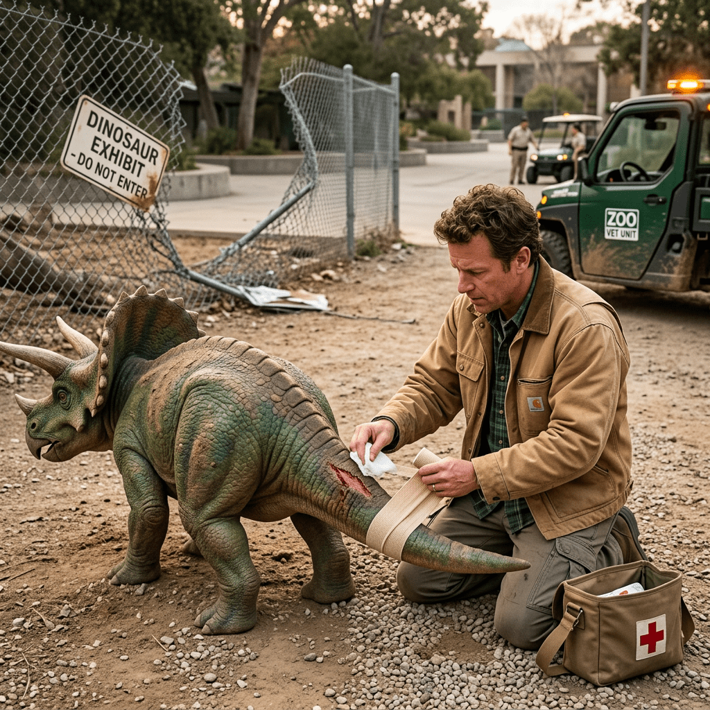 Zoo vet bandaging a wounded dinosaur model near a damaged fence