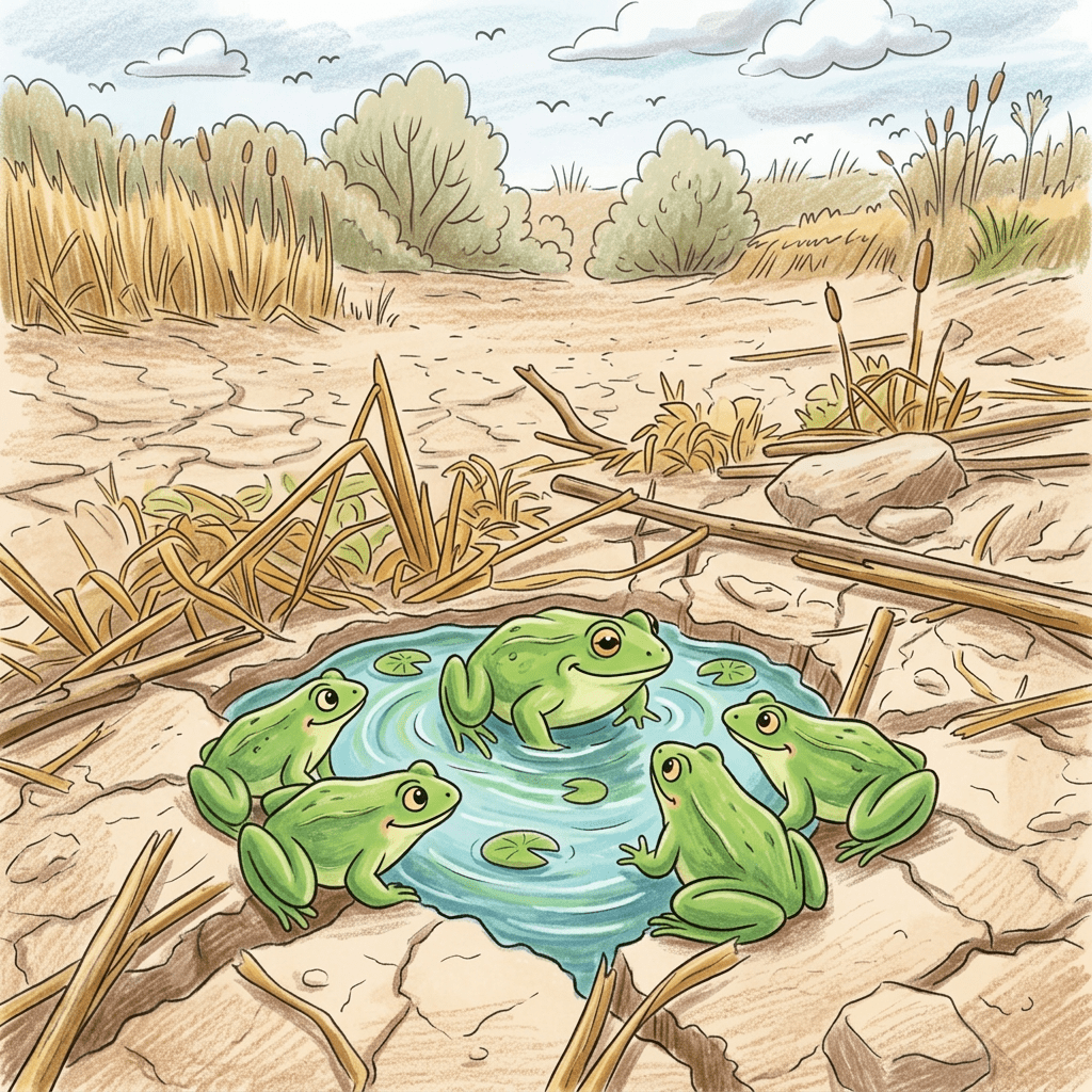 Five frogs on dry, cracked soil surrounded by dried plants